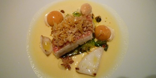 Rotbarbe & Calamaretti mit Zitrusaromen, Mandeln, Sobrassada-Gnocchi